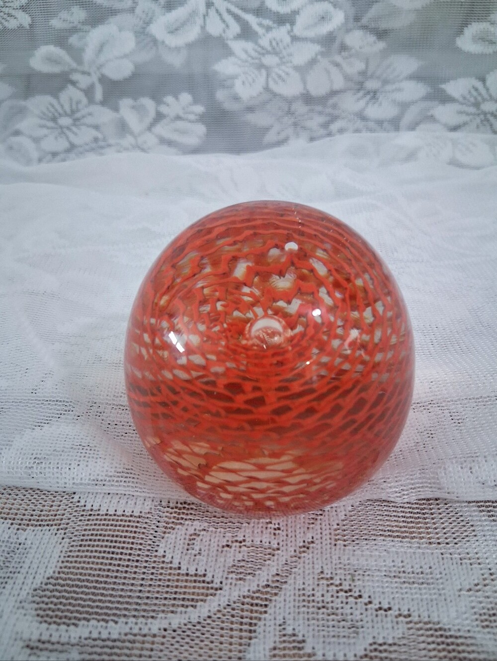 Vintage Glass Paperweight Twisted Coral Cane Spiral Lattice Look Orange
